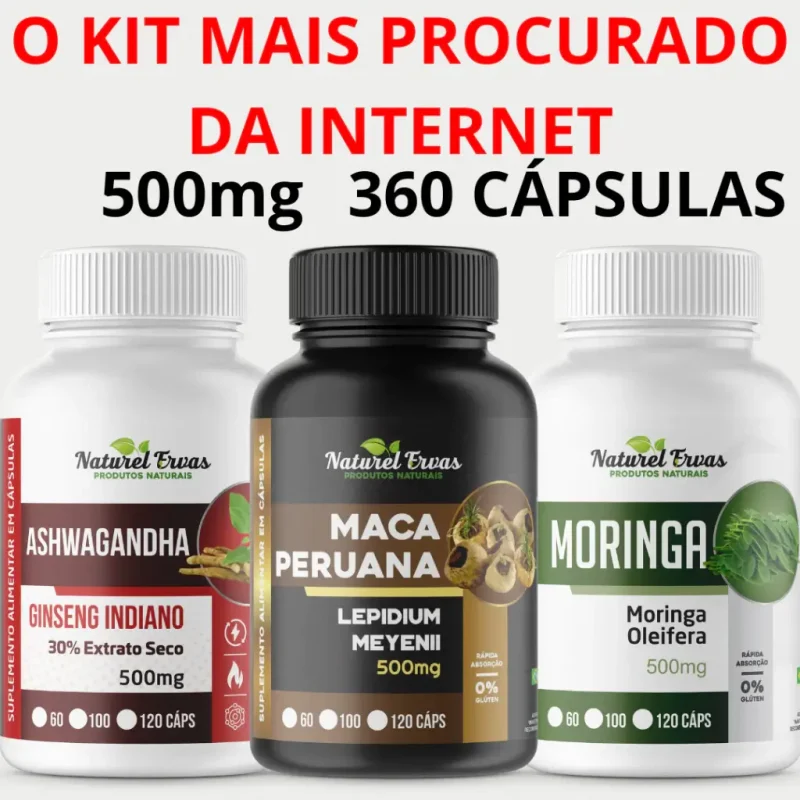 Kit 3 Potes: Ashwagandha, Moringa e Maca Peruana