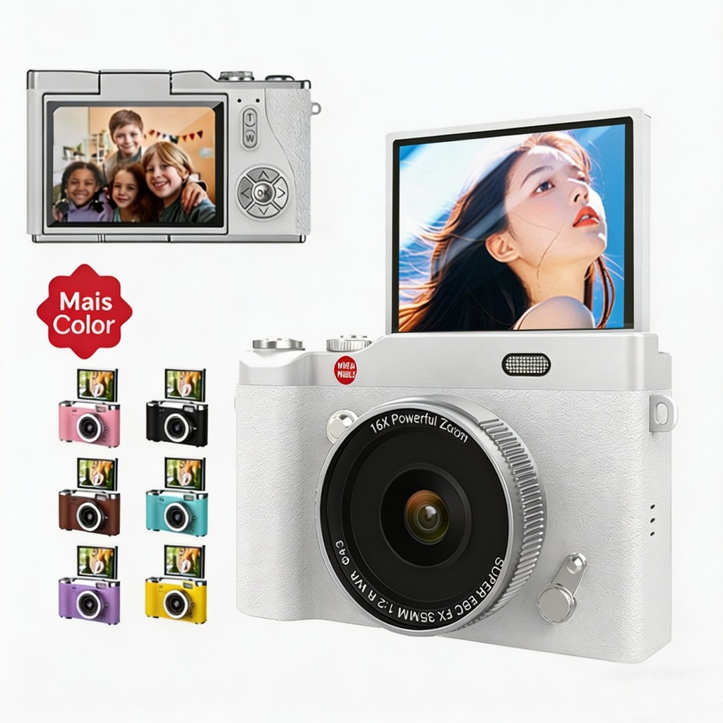 Camera Digital 64Mp Zoom 16X - Câmera Digital 64MP Profissional 4K Zoom 16X CCD Tela Flip 180° Selfie Vlog Alta…