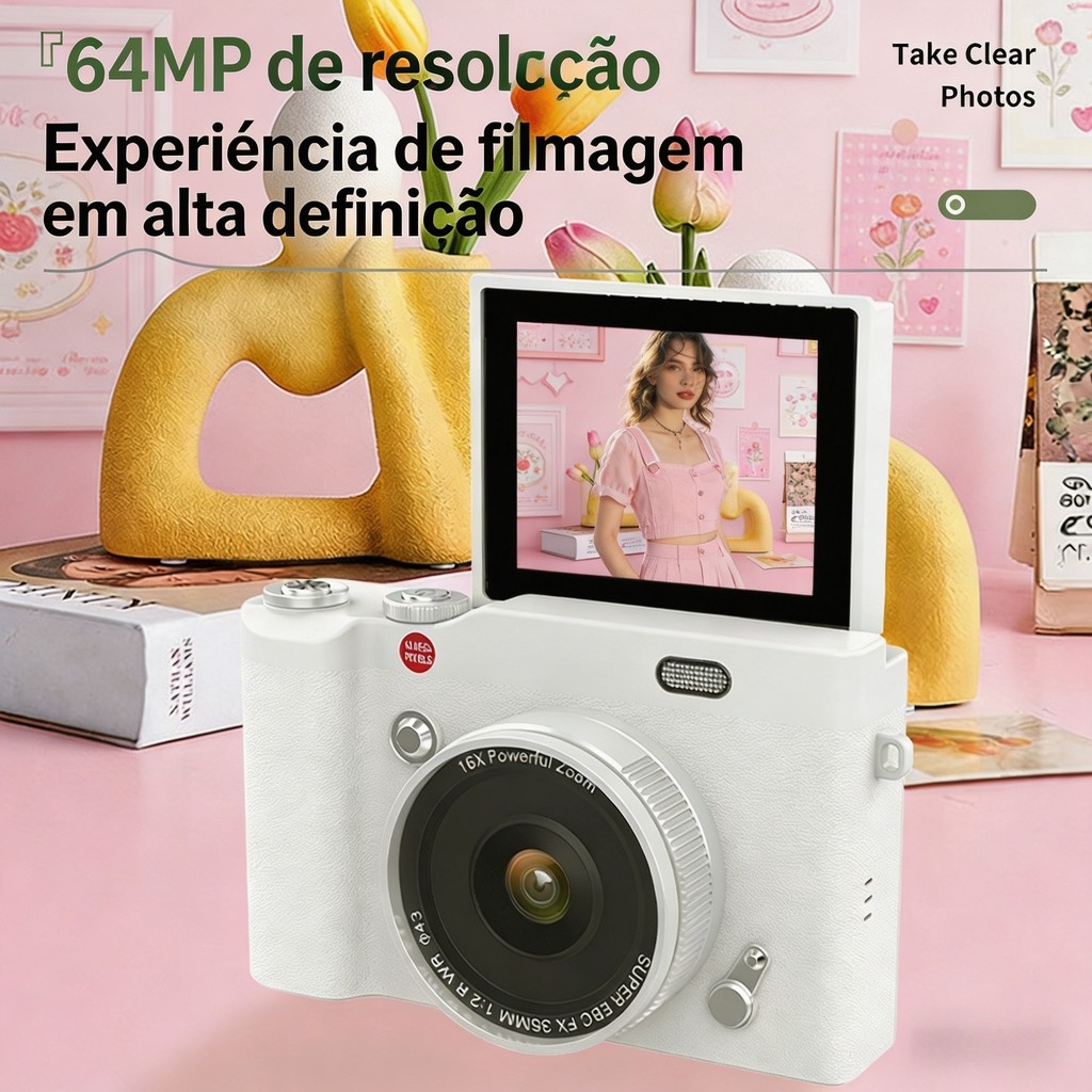 Camera Digital 64Mp Zoom 16X - Câmera Digital 64MP Profissional 4K Zoom 16X CCD Tela Flip 180° Selfie Vlog Alta…