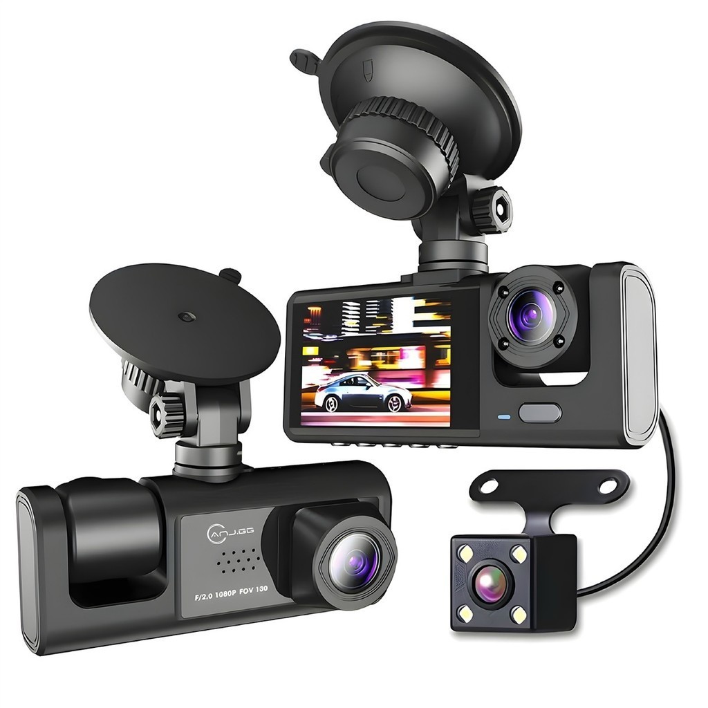 Camera Veicular Full 1080P 3 - Câmera Veicular Full HD 1080p 3 Lentes (Frontal + Interna + Traseira) com Tela LCD
