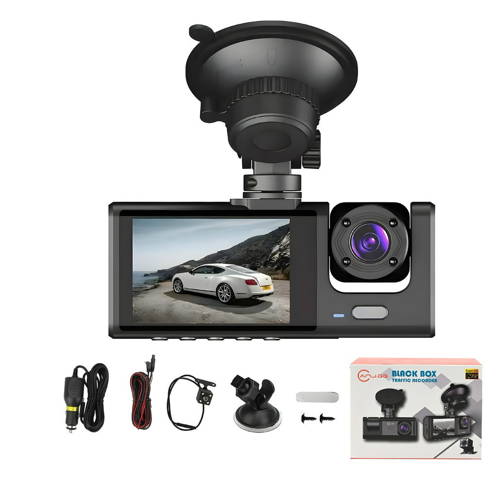 Camera Veicular Full 1080P 3 - Câmera Veicular Full HD 1080p 3 Lentes (Frontal + Interna + Traseira) com Tela LCD