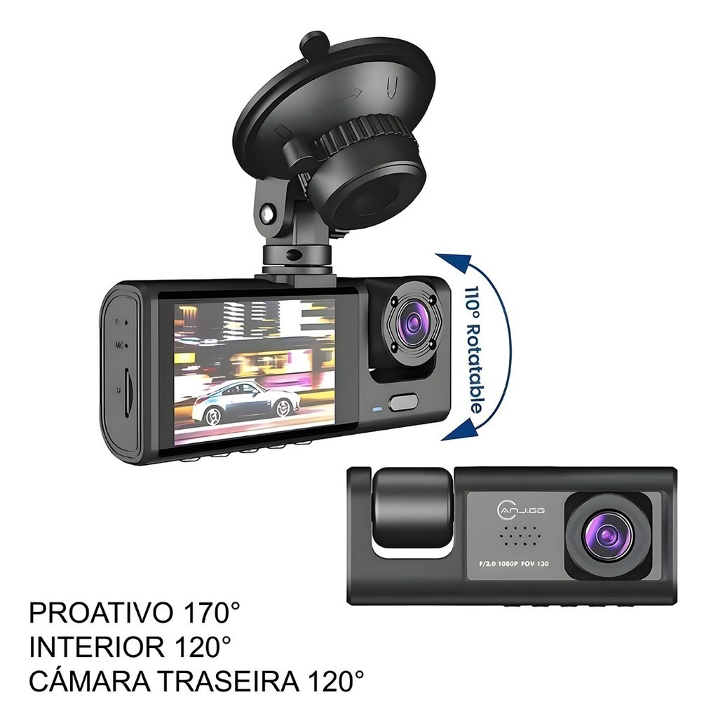 Camera Veicular Full 1080P 3 - Câmera Veicular Full HD 1080p 3 Lentes (Frontal + Interna + Traseira) com Tela LCD