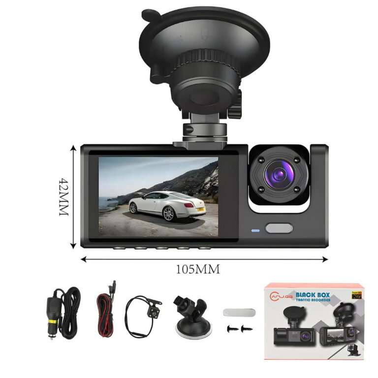 Câmera Veicular Full HD 1080p 3 Lentes (Frontal + Interna + Traseira) com Tela LCD