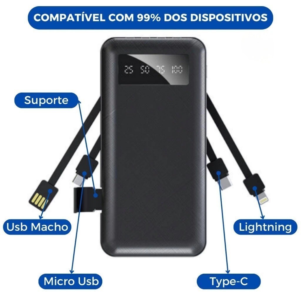 Carregador Power Bank Celular 20000Mah - Carregador Power Bank Portátil de celular 20000mah Universal Saida 4 Cabos…