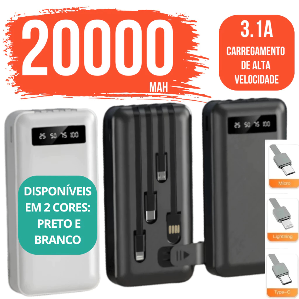 Carregador Power Bank Celular 20000Mah - Carregador Power Bank Portátil de celular 20000mah Universal Saida 4 Cabos…