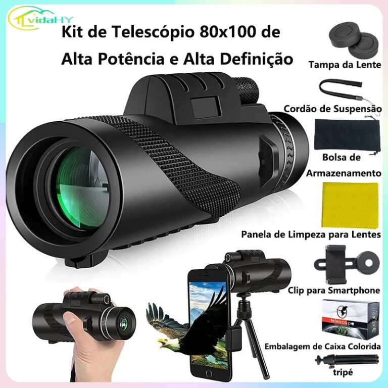 Telescópio Monocular portátil 80×100 HD com tripé – celular compatível, adequado para viagens