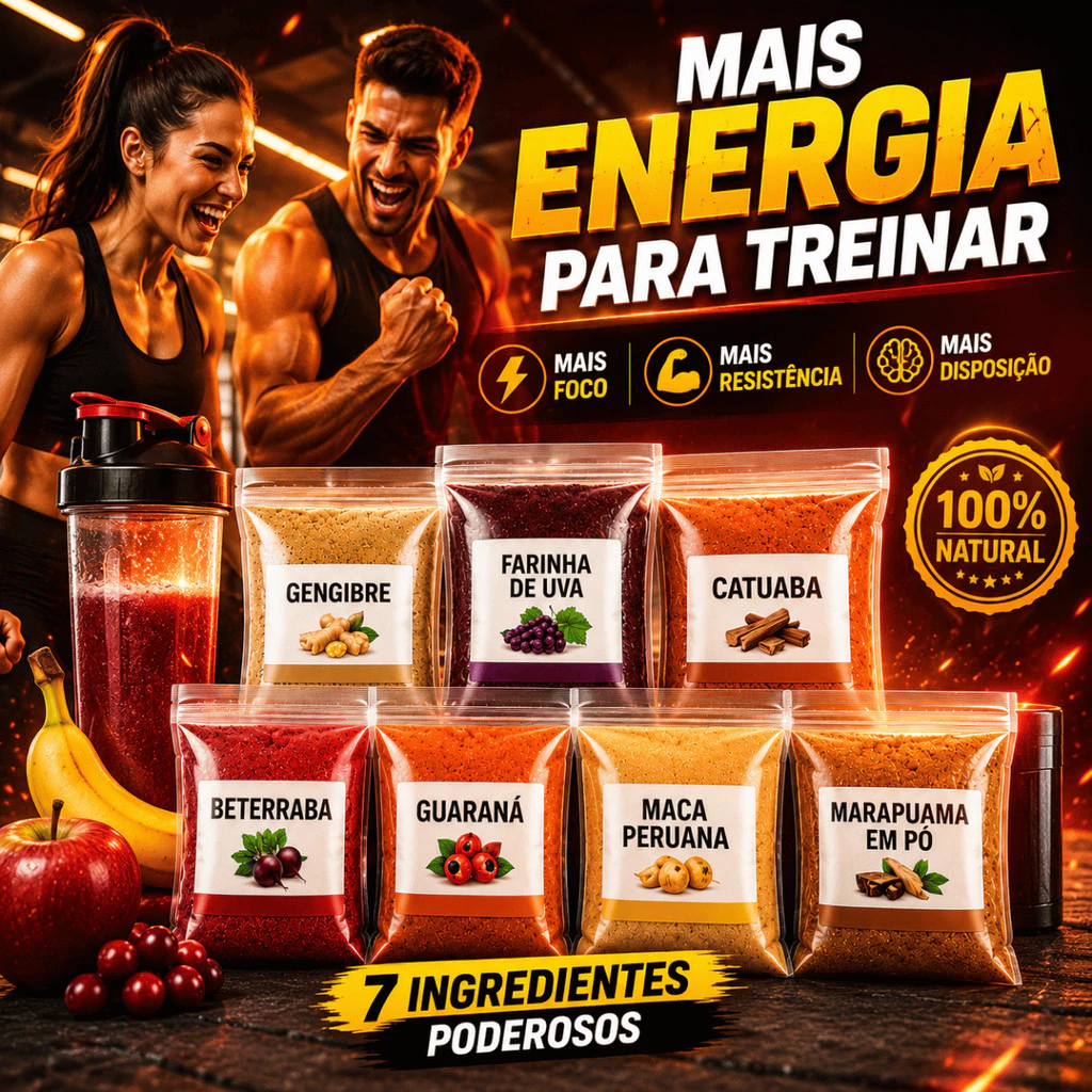 Kit com sete ingredientes naturais em pó para pré-treino